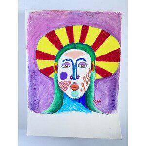 Halo Portrait Original Colorful Oil Pastel Drawing Wall Art 11x14in Matted